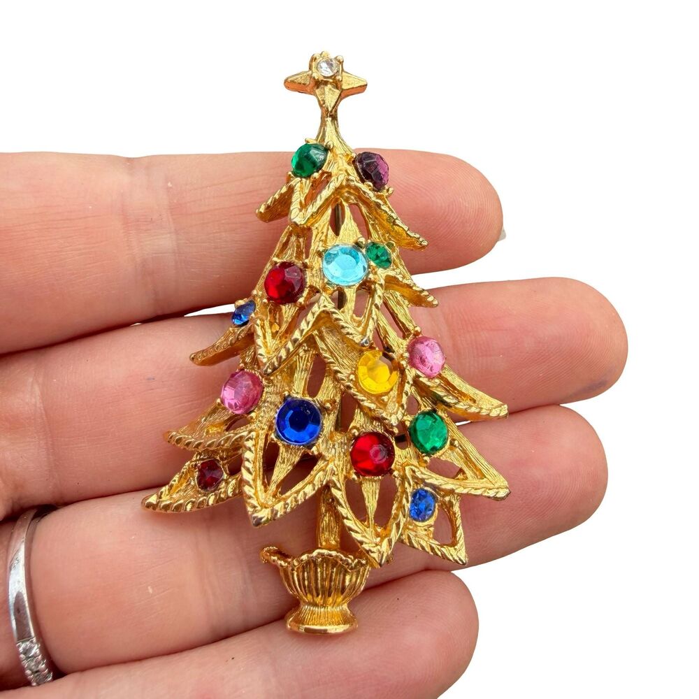 Vintage Christmas Tree Brooch Rhinestone Christmas Tree pin colorful Christmas